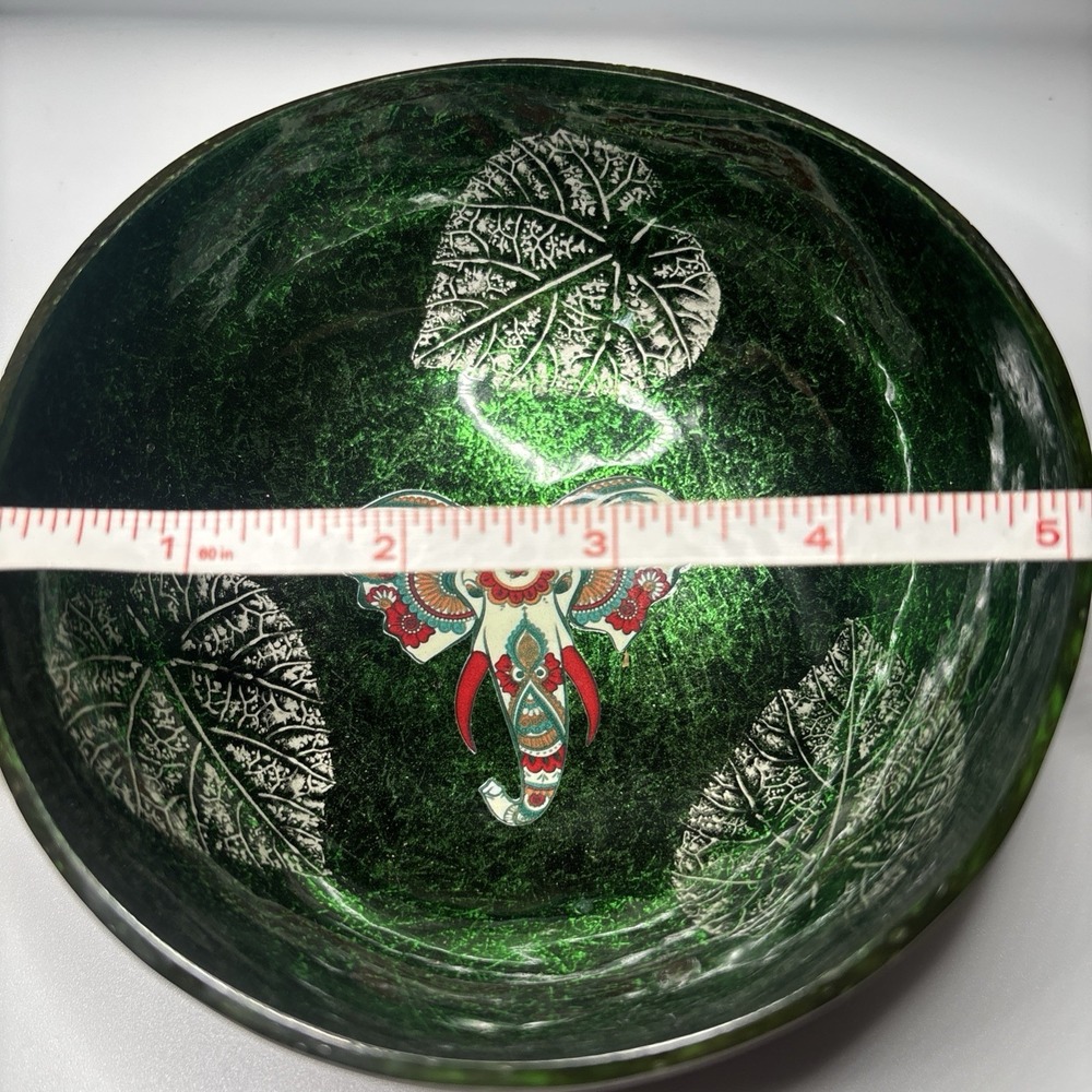 Coconut Shell Trinket Bowl Elephant Stamp Green Iridescent‎ Artisan - Picture 2 of 4